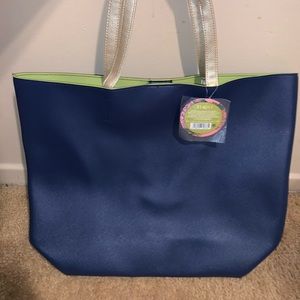 Blue Faux Leather Tote Bag